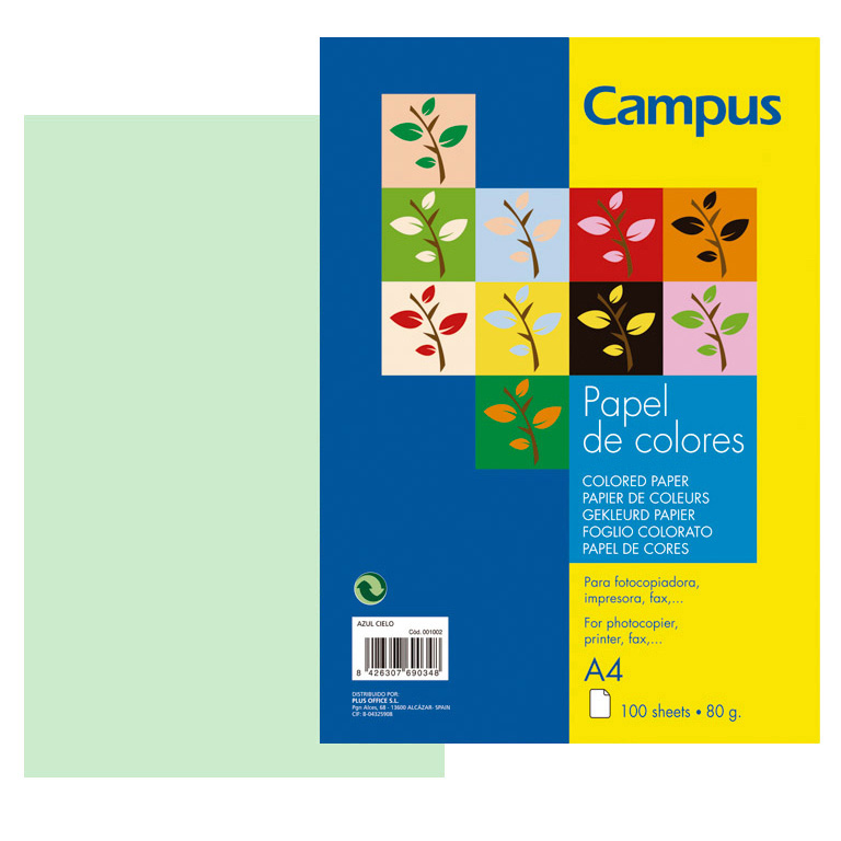 PAPEL DIN A4 CAMPUS 80 GRAMOS PAQUETE 100 HOJAS COLOR VERDE CLARO