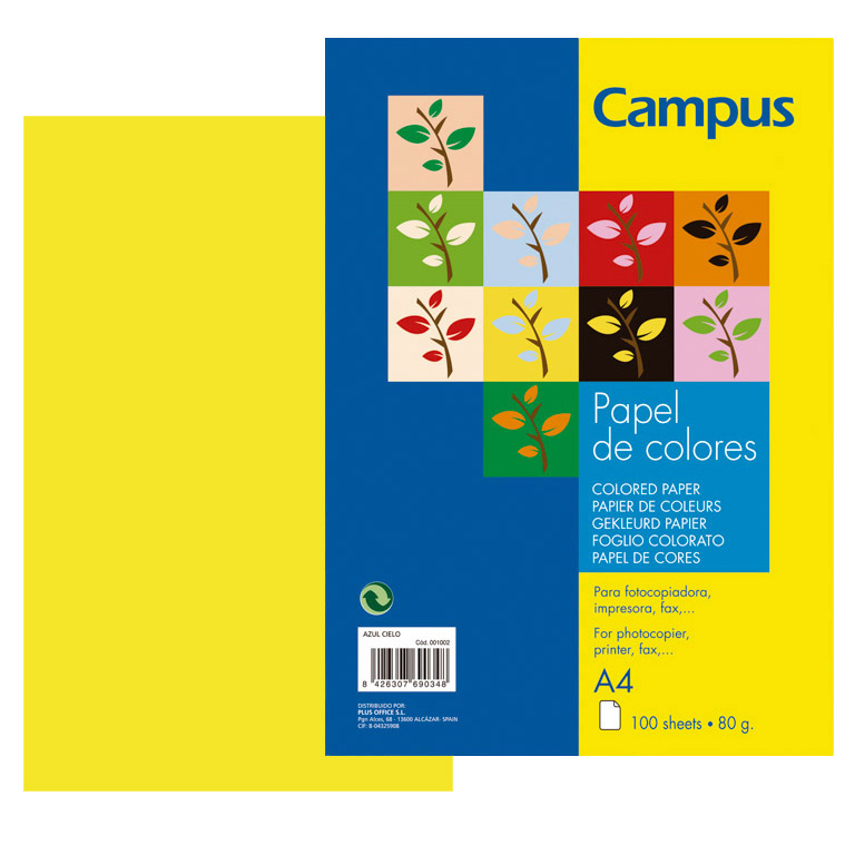 PAPEL DIN A4 CAMPUS 80 GRAMOS PAQUETE 100 HOJAS COLOR AMARILLO