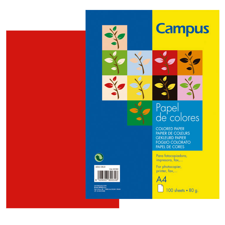 PAPEL DIN A4 CAMPUS 80 GRAMOS PAQUETE 100 HOJAS COLOR ROJO