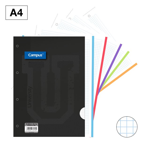 RECAMBIOS CARPETA CAMPUS A4 4 TALADROS 100 HOJAS 90 GRAMOS BANDAS 5 COLORES CUADRICULA 5 MM.