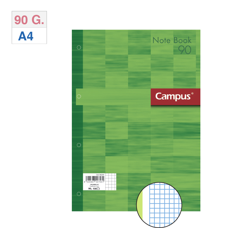 BLOC ENCOLADO DE RECAMBIOS CARPETA CAMPUS A4 4 TALADROS 80 HOJAS 100 GRAMOS BANDA DE SU COLOR VERDE CUADRICULA 5 MM.