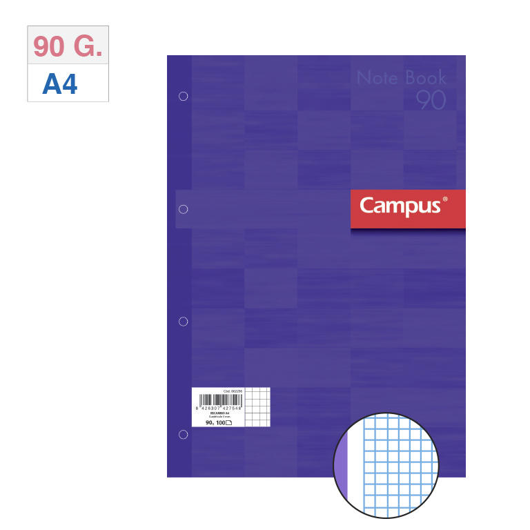 BLOC ENCOLADO DE RECAMBIOS CARPETA CAMPUS A4 4 TALADROS 80 HOJAS 100 GRAMOS BANDA DE SU COLOR MORADO CUADRICULA 5 MM.