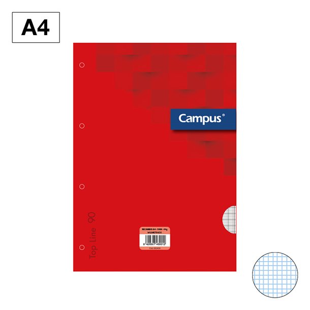 RECAMBIOS CARPETA CAMPUS A4 4 TALADROS 100 HOJAS 90 GRAMOS MILIMETRADO PORTADA COLOR ROJO