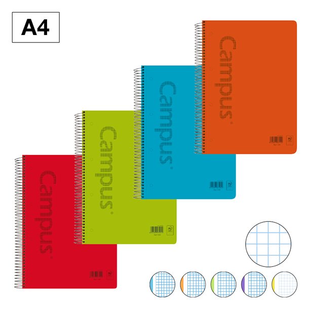 BLOC ESPIRAL TAPA POLIPROPILENO CAMPUS A4 120 HOJAS 90 GRAMOS MICROPERFORADO CUADRICULA 5 MM.