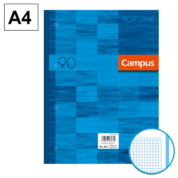 BLOC ENCOLADO DE RECAMBIOS CARPETA CAMPUS A4  4 TALADROS 80 HOJAS 90 GRAMOS BANDA DE SU COLOR AZUL CUADRICULA 5 MM.