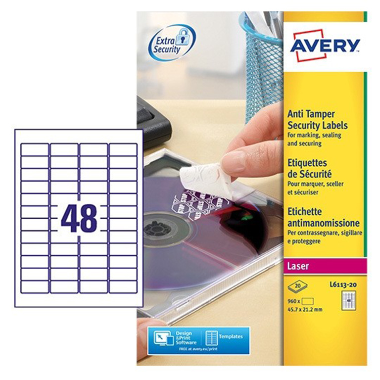 ETIQUETAS AUTOADHESIVAS AVERY ANTI-MANIPULACIÓN 45,7MMX21,2MM BLANCAS 48 ETIQUETAS POR HOJA PAQUETE DE 20 HOJAS
