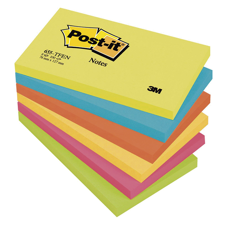 BLOC NOTAS ADHESIVAS QUITA Y PON POST-IT 76MMX127MM COLORES ENERGÍA 100 HOJAS