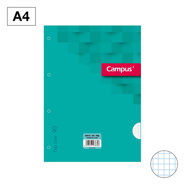 RECAMBIOS CARPETA CAMPUS A4 4 TALADROS 200 HOJAS 90 GRAMOS CUADRÍCULA 4 MM PORTADA COLOR TURQUESA