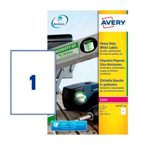 ETIQUETAS AUTOADHESIVAS AVERY A4 210X297 MM POLIÉSTER 1 X HOJA PAQUETE DE 20 HOJAS