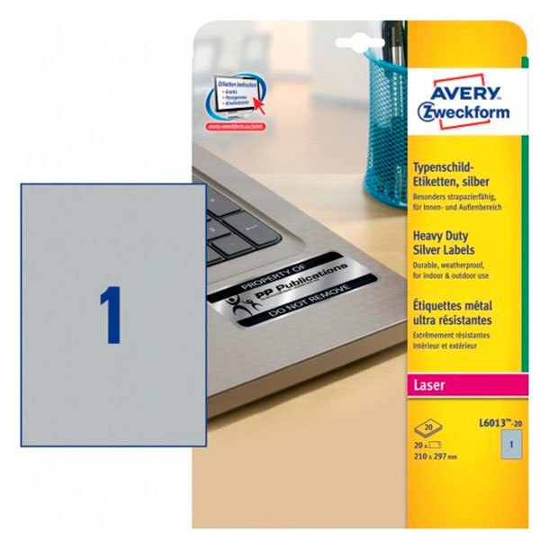 ETIQUETAS AUTOADHESIVAS AVERY A4 210X297 MM POLIÉSTER PLATEADAS 1 ETIQUETA X HOJA PAQUETE 20 HOJAS