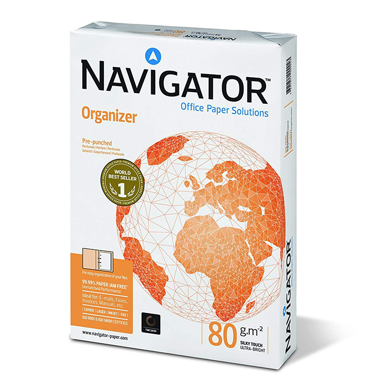 PAPEL BLANCO FOTOCOPIADORA NAVIGATOR ORGANIZER 4 TALADROS DIN A4 80 GRAMOS PAQUETE DE 500 HOJAS