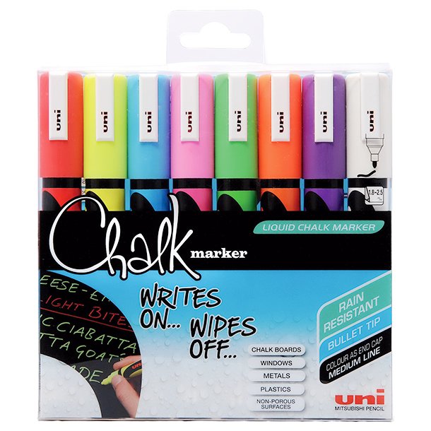 ROTULADOR DE TIZA LÍQUIDA UNI CHALK PUNTA CÓNICA 1,8-2,5 MM. COLORES SURTIDOS BLÍSTER 8 UNIDADES