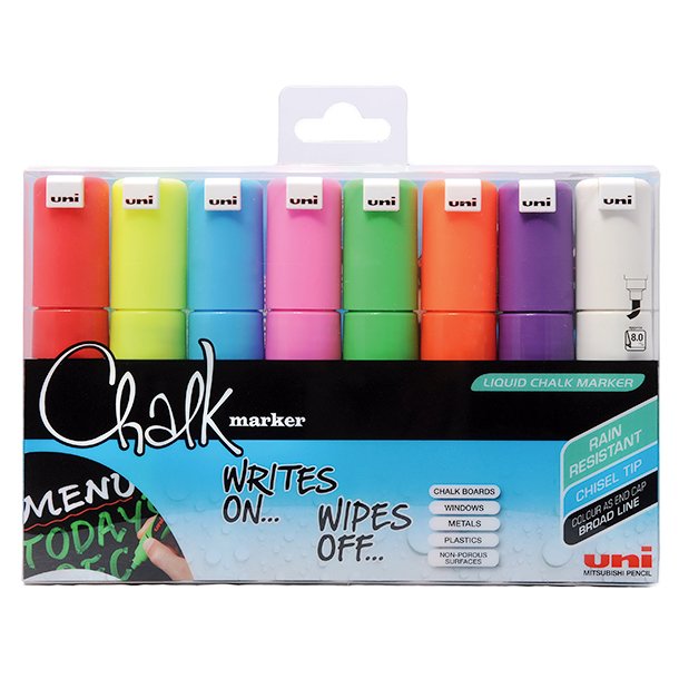 ROTULADOR DE TIZA LÍQUIDA UNI CHALK PUNTA BISELADA 8 MM. COLORES SURTIDOS BLÍSTER 8 UNIDADES
