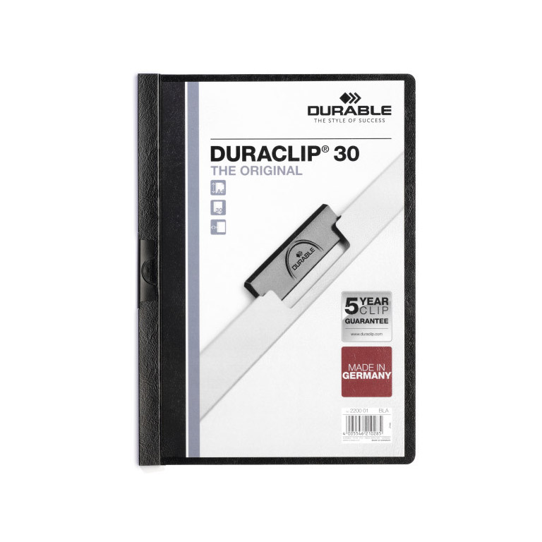 CARPETA DOSSIER PINZA METALICA DURABLE DURACLIP A4 220X310 MM CAPACIDAD 30HOJAS COLOR NEGRO	