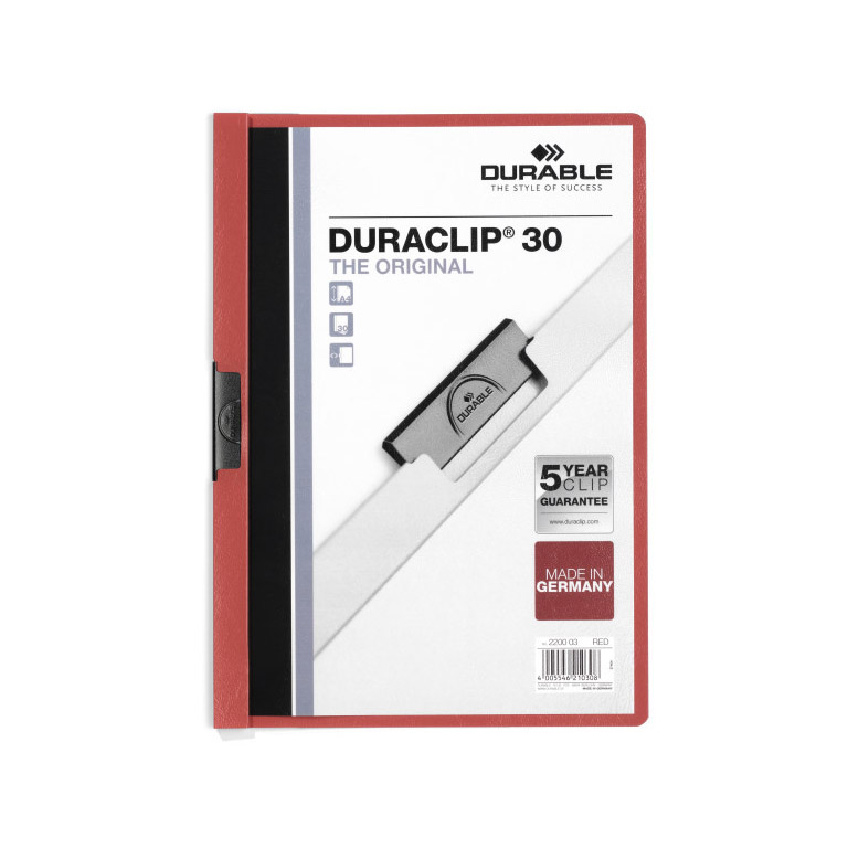 CARPETA DOSSIER PINZA METALICA DURABLE DURACLIP A4 220X310 MM CAPACIDAD 30HOJAS COLOR ROJO