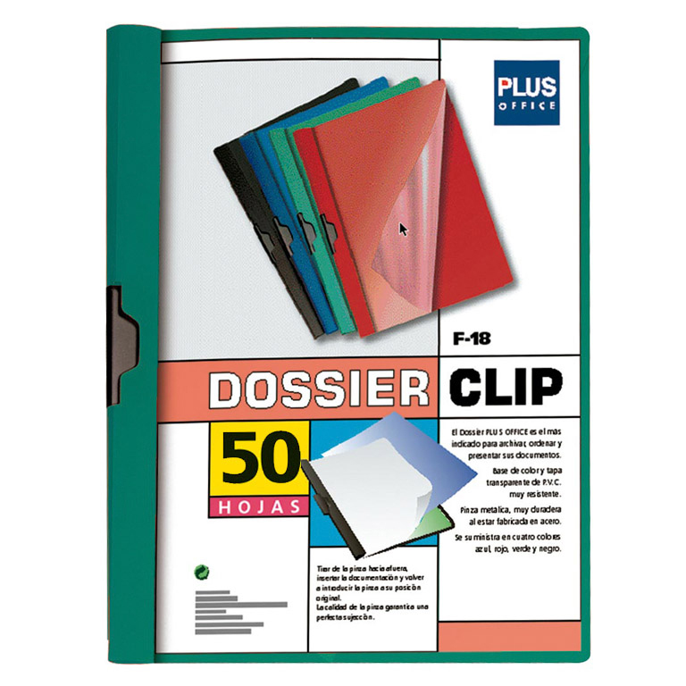 CARPETA DOSSIER PINZA METALICA PLUS OFFICE A4 240X310 MM CAPACIDAD 50 HOJAS COLOR VERDE