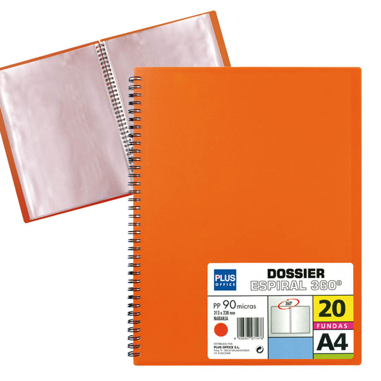 CARPETA PLUS OFFICE ESPIRAL POLIPROPILENO RIGIDO 20 FUNDAS TRANSPARENTES POLIPROPILENO A4 COLOR NARANJA