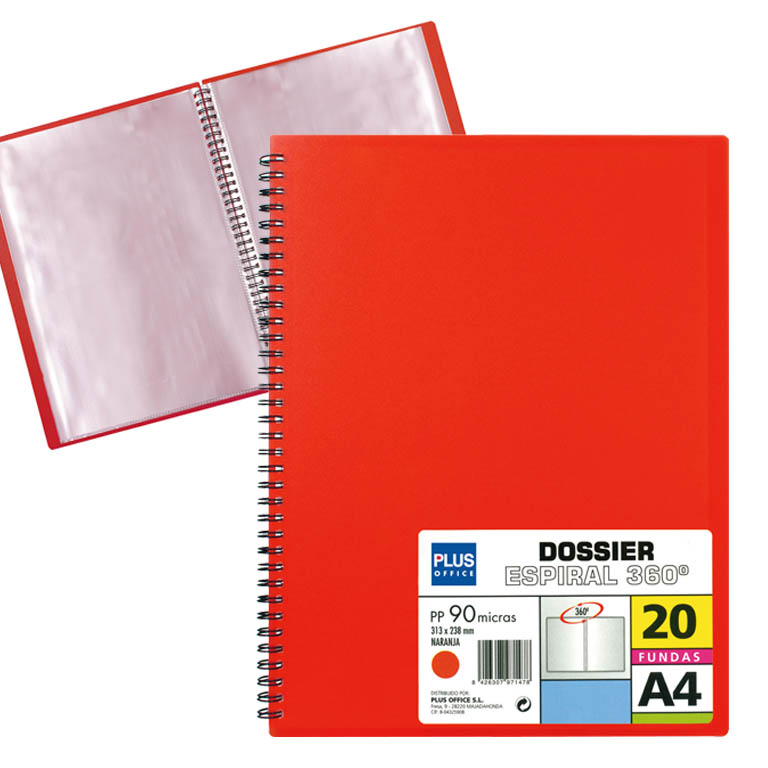 CARPETA PLUS OFFICE ESPIRAL POLIPROPILENO RIGIDO 20 FUNDAS TRANSPARENTES POLIPROPILENO A4 COLOR ROJO