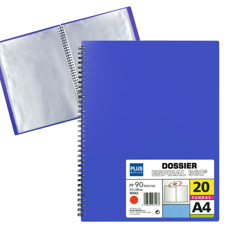 CARPETA PLUS OFFICE ESPIRAL POLIPROPILENO RIGIDO 20 FUNDAS TRANSPARENTES POLIPROPILENO A4 COLOR AZUL