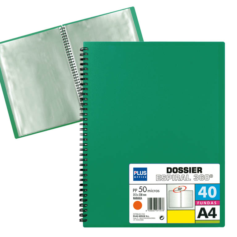 CARPETA PLUS OFFICE ESPIRAL POLIPROPILENO RIGIDO 40 FUNDAS TRANSPARENTES POLIPROPILENO A4 COLOR VERDE