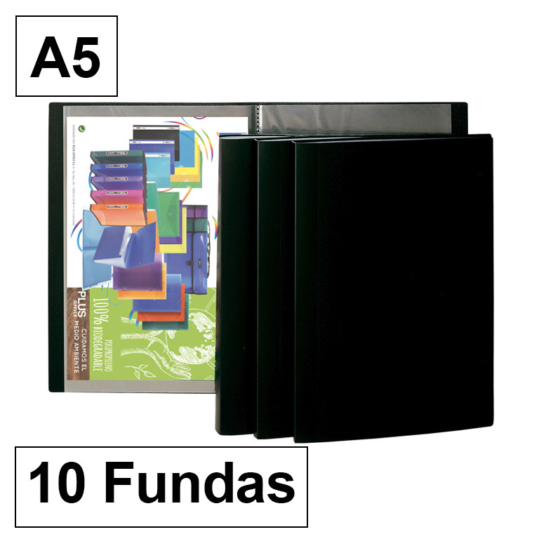 CARPETA PLUS OFFICE POLIPROPILENO FLEXIBLE 10 FUNDAS TRANSPARENTES POLIPROPILENO CUARTO COLOR NEGRO