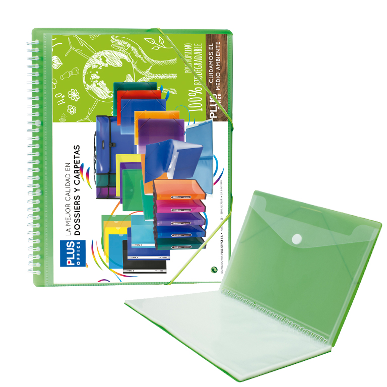 CARPETA PLUS OFFICE ESPIRAL TAPAS RIGIDAS PERSONALIZABLES 20 FUNDAS TRANSPARENTES POLIPROPILENO A4 CON GOMAS COLOR VERDE