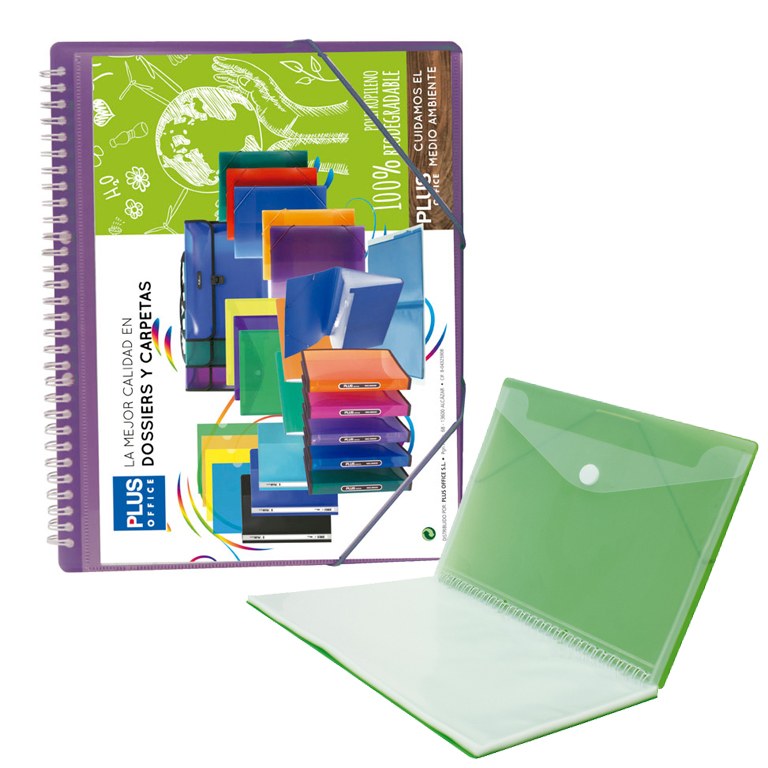 CARPETA PLUS OFFICE ESPIRAL TAPAS RIGIDAS PERSONALIZABLES 40 FUNDAS TRANSPARENTES POLIPROPILENO A4 CON GOMAS COLOR VIOLETA