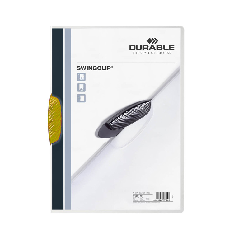 CARPETA DOSSIER PINZA PLASTICO DURABLE A4 220X310 MM CAPACIDAD 30HOJAS COLOR AMARILLA