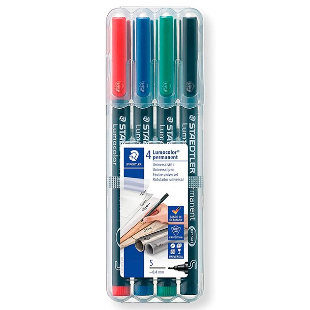 ROTULADOR PERMANENTE STAEDTLER LUMOCOLOR ULTRA FINO 0,4 MM. COLORES SURTIDOS BLÍSTER 4 UNIDADES