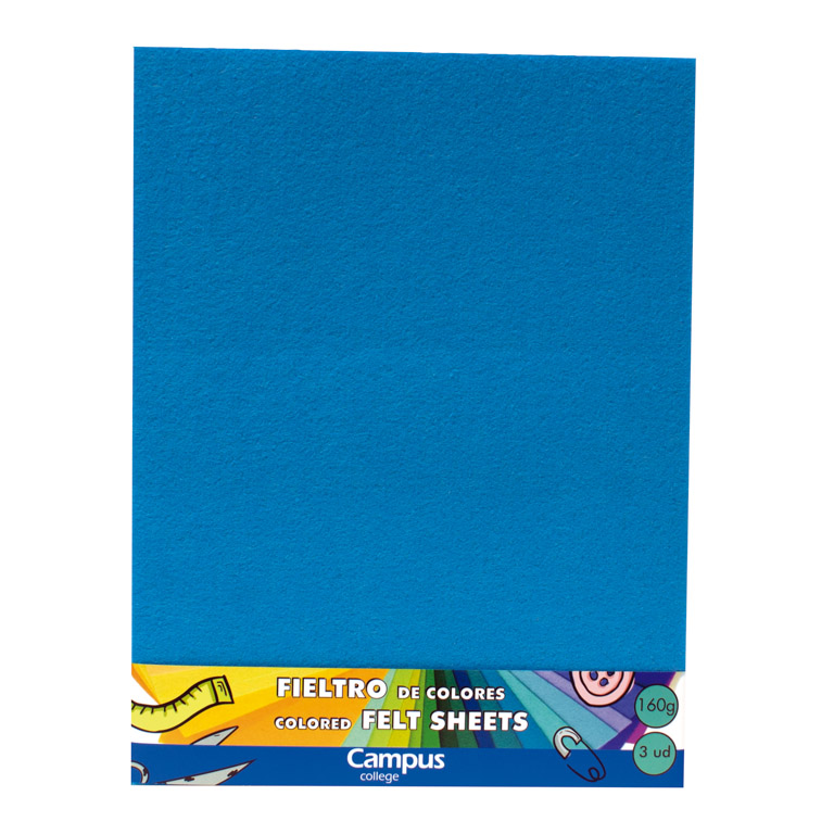 FIELTRO CAMPUS COLLEGE A4 160 GRAMOS 1 MM COLOR AZUL CLARO BOLSA 3 UNIDADES	